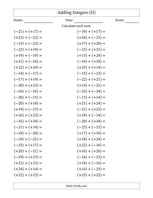 The Adding Mixed Integers from -25 to 25 (50 Questions; All Parentheses) (H) Math Worksheet