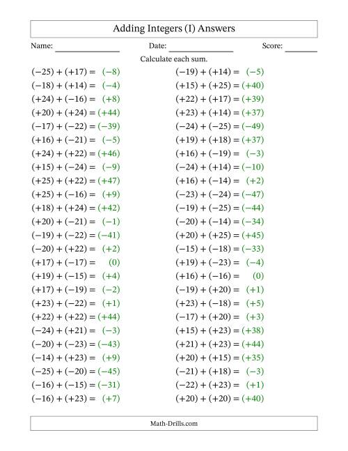 The Adding Mixed Integers from -25 to 25 (50 Questions; All Parentheses) (I) Math Worksheet Page 2