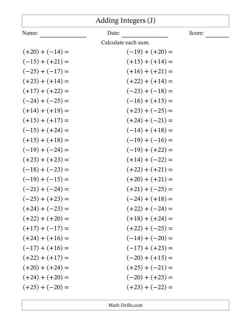 The Adding Mixed Integers from -25 to 25 (50 Questions; All Parentheses) (J) Math Worksheet