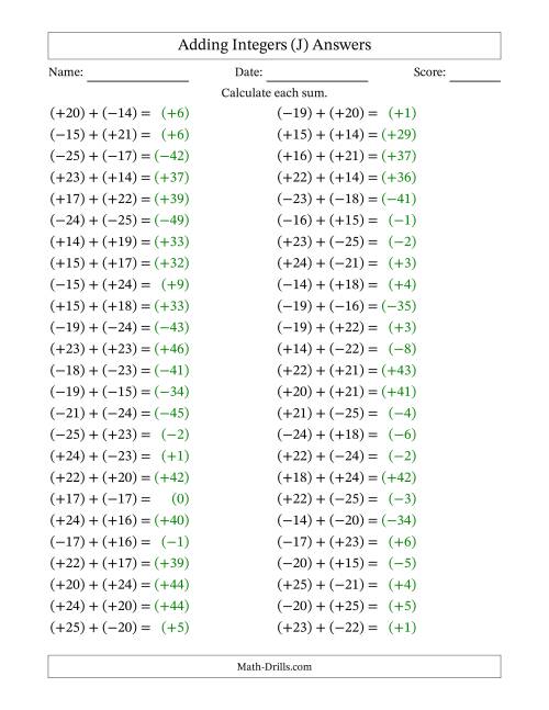 The Adding Mixed Integers from -25 to 25 (50 Questions; All Parentheses) (J) Math Worksheet Page 2
