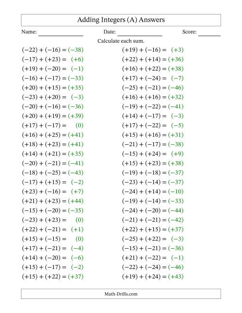 The Adding Mixed Integers from -25 to 25 (50 Questions; All Parentheses) (All) Math Worksheet Page 2