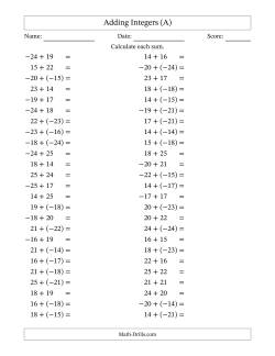 Adding Mixed Integers from -25 to 25 (50 Questions)