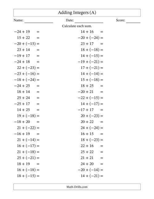 The Adding Mixed Integers from -25 to 25 (50 Questions) (A) Math Worksheet
