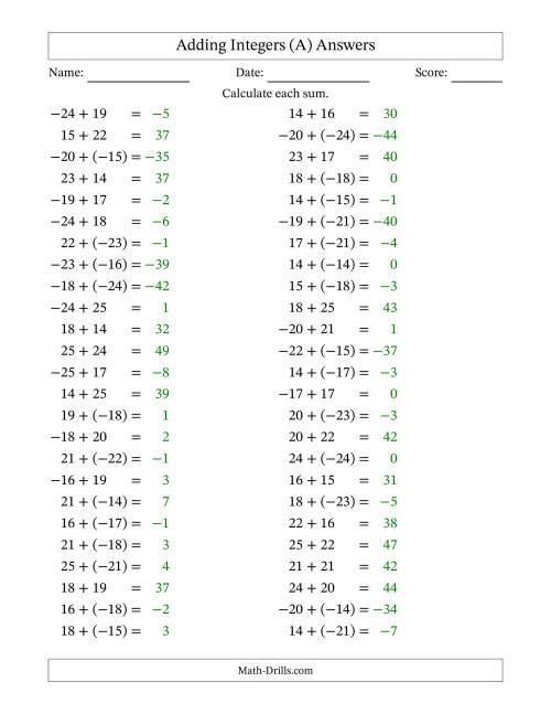 The Adding Mixed Integers from -25 to 25 (50 Questions) (A) Math Worksheet Page 2
