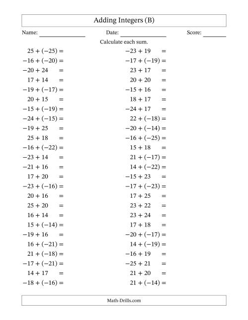 The Adding Mixed Integers from -25 to 25 (50 Questions) (B) Math Worksheet