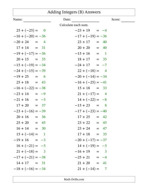 The Adding Mixed Integers from -25 to 25 (50 Questions) (B) Math Worksheet Page 2