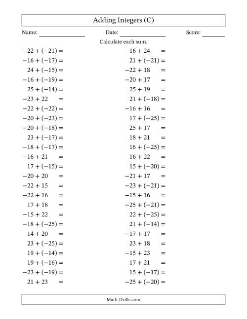 The Adding Mixed Integers from -25 to 25 (50 Questions) (C) Math Worksheet