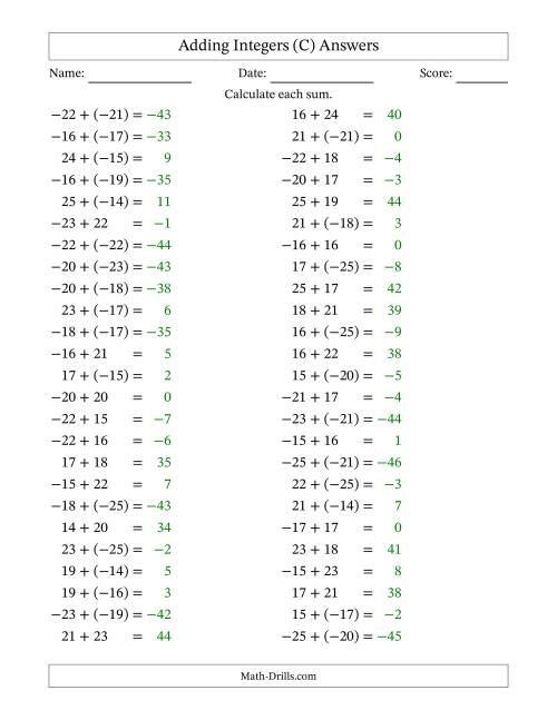 The Adding Mixed Integers from -25 to 25 (50 Questions) (C) Math Worksheet Page 2