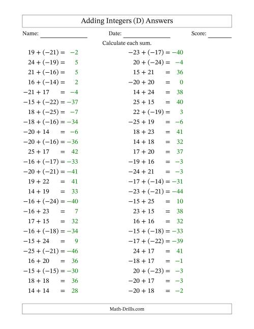 The Adding Mixed Integers from -25 to 25 (50 Questions) (D) Math Worksheet Page 2