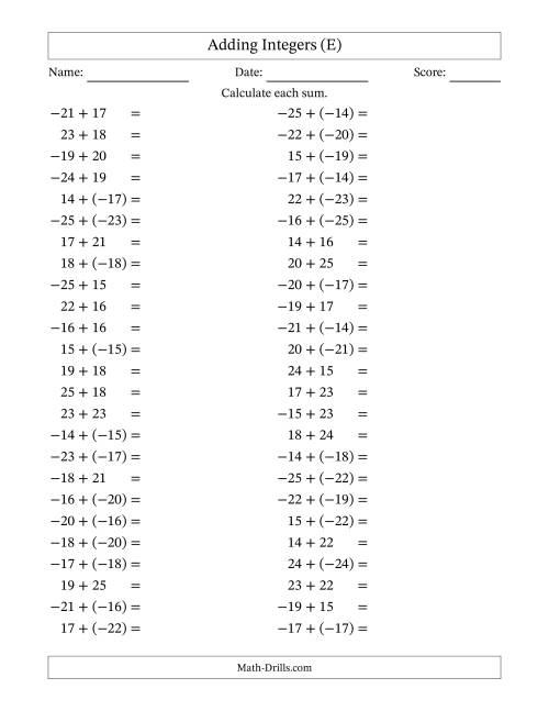 The Adding Mixed Integers from -25 to 25 (50 Questions) (E) Math Worksheet