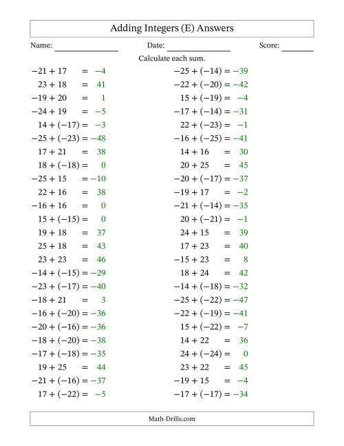 The Adding Mixed Integers from -25 to 25 (50 Questions) (E) Math Worksheet Page 2