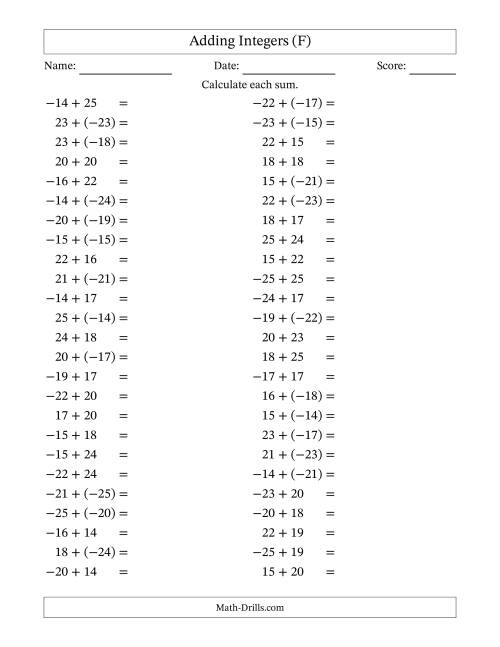 The Adding Mixed Integers from -25 to 25 (50 Questions) (F) Math Worksheet
