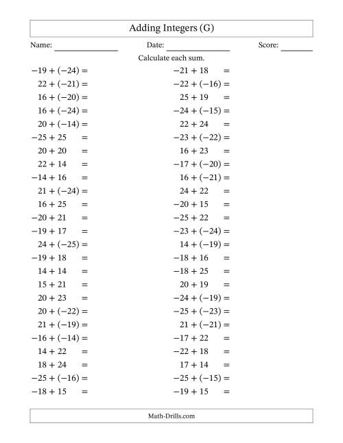 The Adding Mixed Integers from -25 to 25 (50 Questions) (G) Math Worksheet