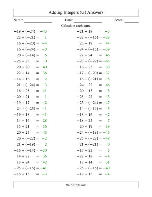 The Adding Mixed Integers from -25 to 25 (50 Questions) (G) Math Worksheet Page 2