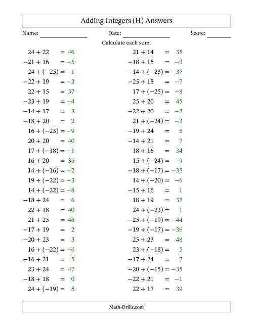 The Adding Mixed Integers from -25 to 25 (50 Questions) (H) Math Worksheet Page 2