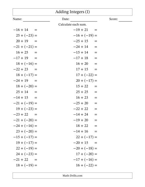 The Adding Mixed Integers from -25 to 25 (50 Questions) (I) Math Worksheet