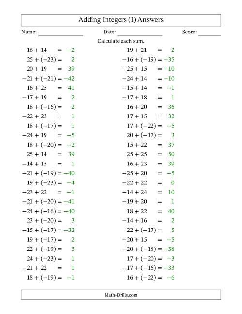 The Adding Mixed Integers from -25 to 25 (50 Questions) (I) Math Worksheet Page 2