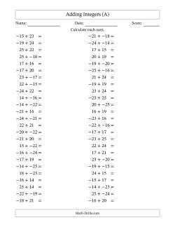 Adding Mixed Integers from -25 to 25 (50 Questions; No Parentheses)