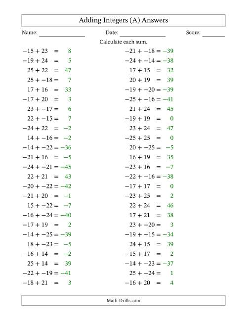 The Adding Mixed Integers from -25 to 25 (50 Questions; No Parentheses) (A) Math Worksheet Page 2