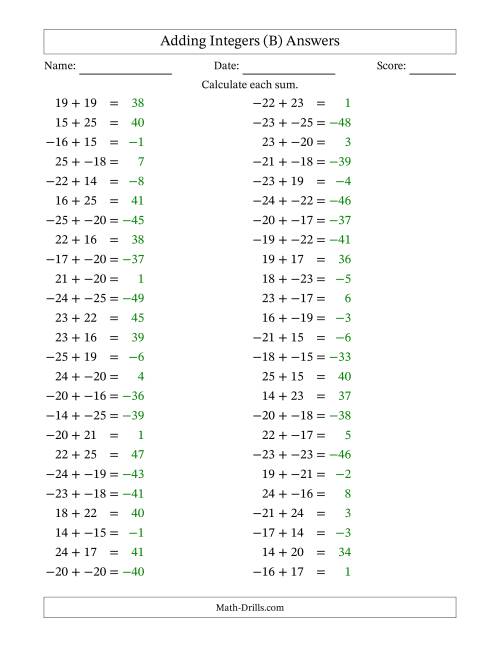 The Adding Mixed Integers from -25 to 25 (50 Questions; No Parentheses) (B) Math Worksheet Page 2