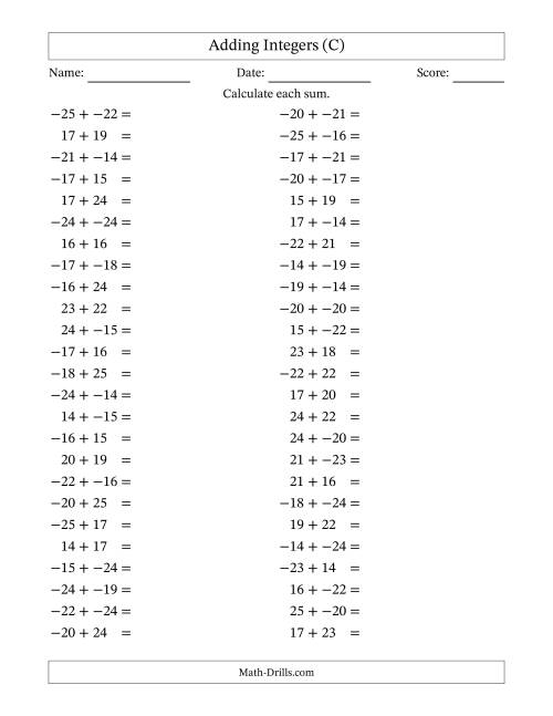The Adding Mixed Integers from -25 to 25 (50 Questions; No Parentheses) (C) Math Worksheet