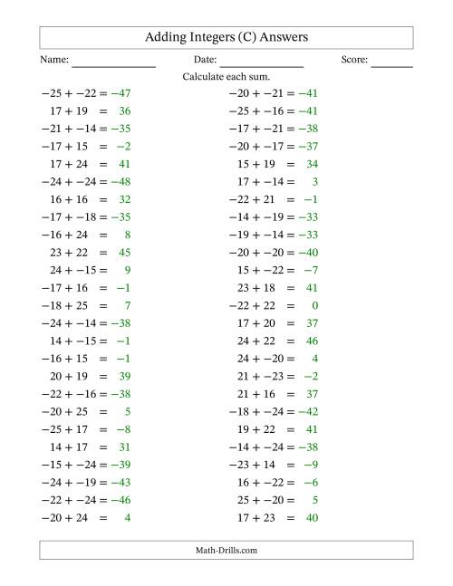 The Adding Mixed Integers from -25 to 25 (50 Questions; No Parentheses) (C) Math Worksheet Page 2