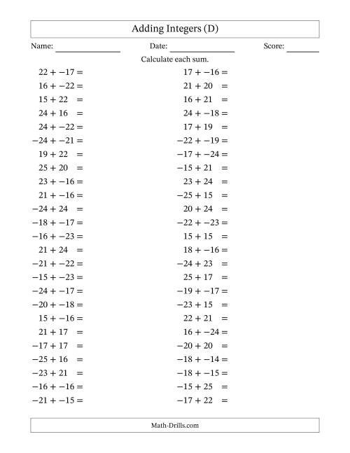 The Adding Mixed Integers from -25 to 25 (50 Questions; No Parentheses) (D) Math Worksheet