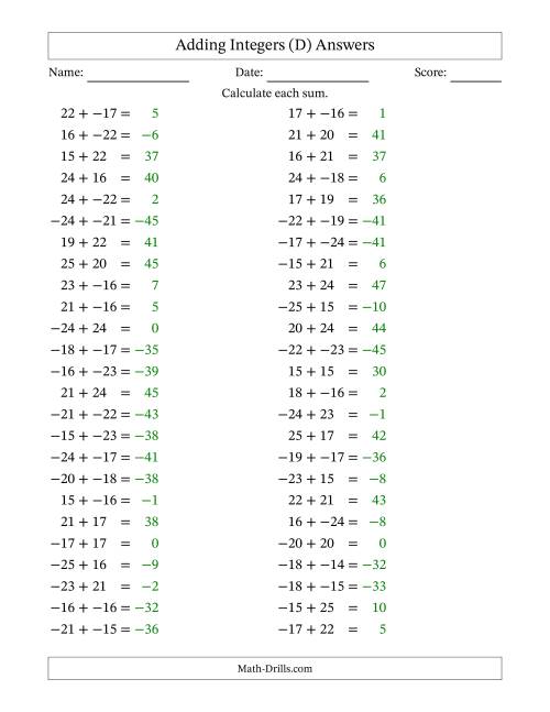 The Adding Mixed Integers from -25 to 25 (50 Questions; No Parentheses) (D) Math Worksheet Page 2