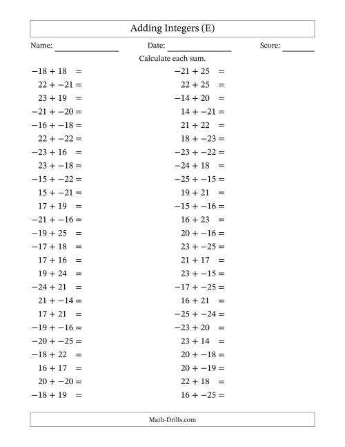 The Adding Mixed Integers from -25 to 25 (50 Questions; No Parentheses) (E) Math Worksheet