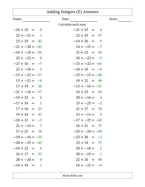The Adding Mixed Integers from -25 to 25 (50 Questions; No Parentheses) (E) Math Worksheet Page 2