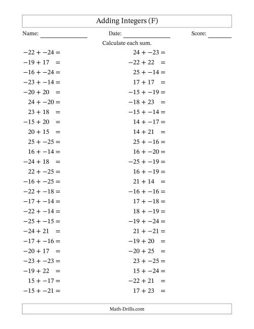 The Adding Mixed Integers from -25 to 25 (50 Questions; No Parentheses) (F) Math Worksheet