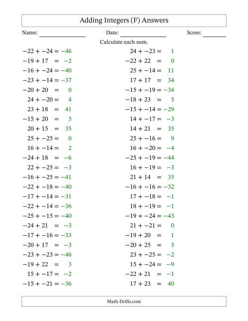 The Adding Mixed Integers from -25 to 25 (50 Questions; No Parentheses) (F) Math Worksheet Page 2