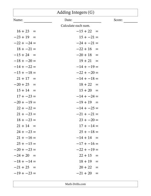 The Adding Mixed Integers from -25 to 25 (50 Questions; No Parentheses) (G) Math Worksheet