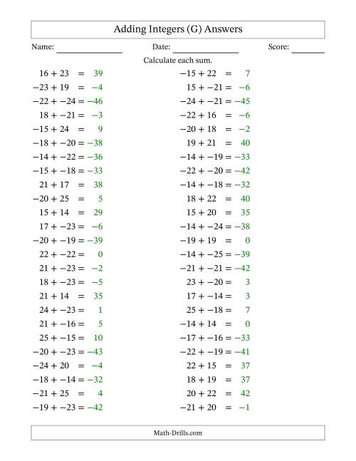 The Adding Mixed Integers from -25 to 25 (50 Questions; No Parentheses) (G) Math Worksheet Page 2