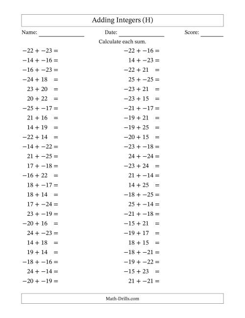 The Adding Mixed Integers from -25 to 25 (50 Questions; No Parentheses) (H) Math Worksheet