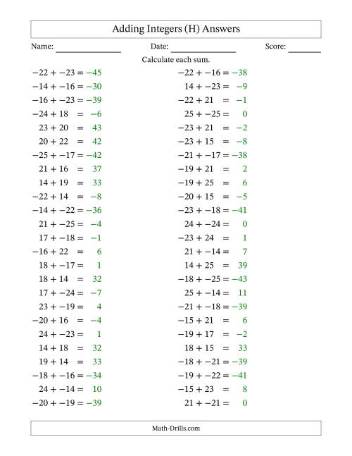 The Adding Mixed Integers from -25 to 25 (50 Questions; No Parentheses) (H) Math Worksheet Page 2