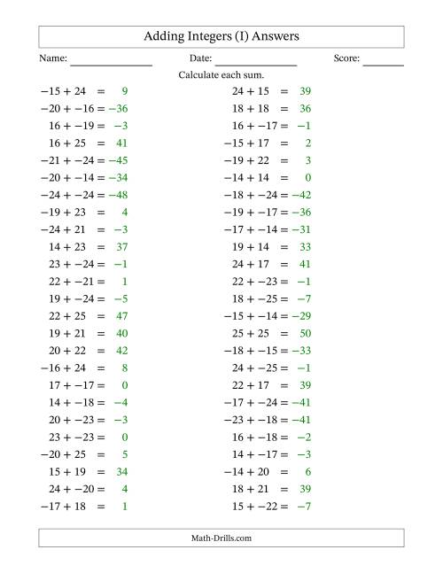 The Adding Mixed Integers from -25 to 25 (50 Questions; No Parentheses) (I) Math Worksheet Page 2