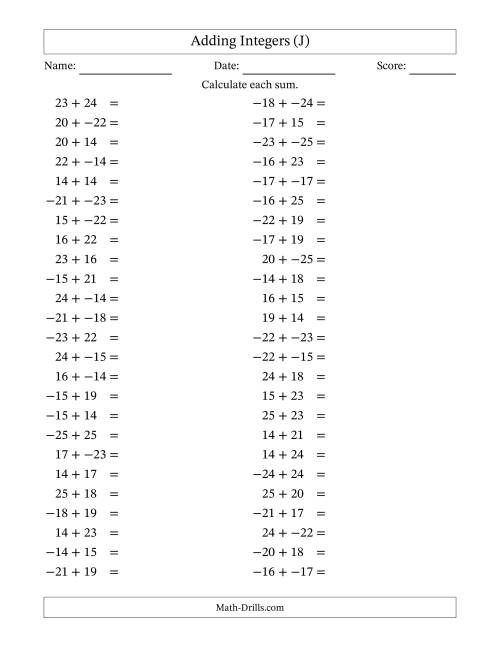 The Adding Mixed Integers from -25 to 25 (50 Questions; No Parentheses) (J) Math Worksheet
