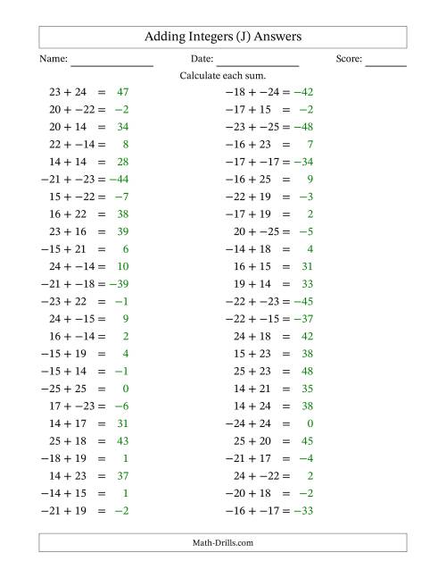 The Adding Mixed Integers from -25 to 25 (50 Questions; No Parentheses) (J) Math Worksheet Page 2
