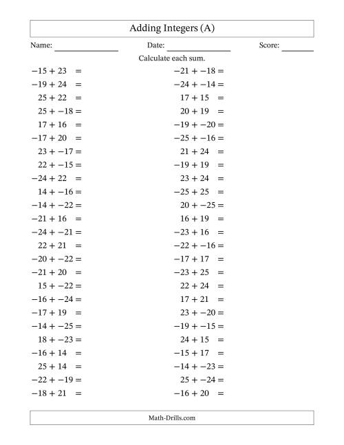 The Adding Mixed Integers from -25 to 25 (50 Questions; No Parentheses) (All) Math Worksheet