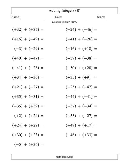 The Adding Mixed Integers from -50 to 50 (25 Questions; Large Print; All Parentheses) (B) Math Worksheet