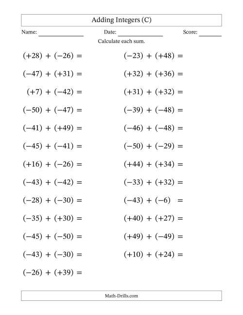 The Adding Mixed Integers from -50 to 50 (25 Questions; Large Print; All Parentheses) (C) Math Worksheet