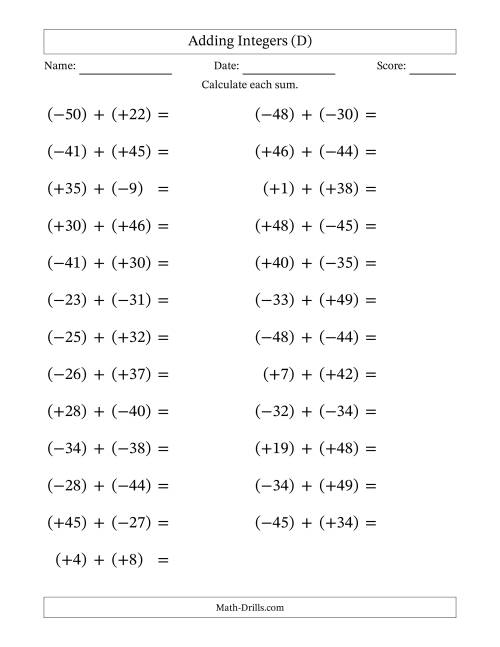 The Adding Mixed Integers from -50 to 50 (25 Questions; Large Print; All Parentheses) (D) Math Worksheet