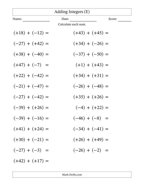 The Adding Mixed Integers from -50 to 50 (25 Questions; Large Print; All Parentheses) (E) Math Worksheet