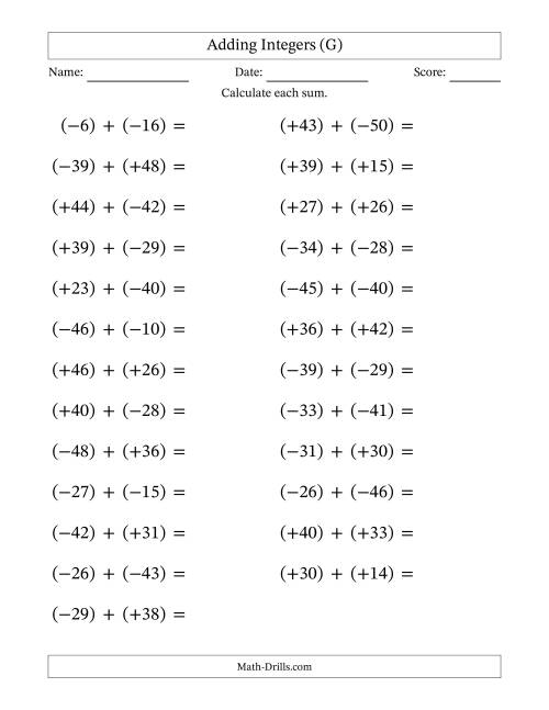 The Adding Mixed Integers from -50 to 50 (25 Questions; Large Print; All Parentheses) (G) Math Worksheet