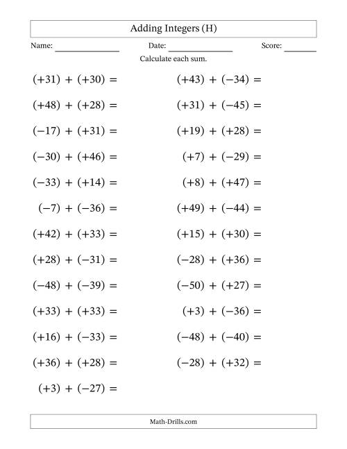 The Adding Mixed Integers from -50 to 50 (25 Questions; Large Print; All Parentheses) (H) Math Worksheet