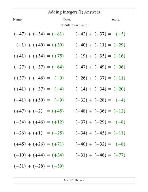 The Adding Mixed Integers from -50 to 50 (25 Questions; Large Print; All Parentheses) (I) Math Worksheet Page 2