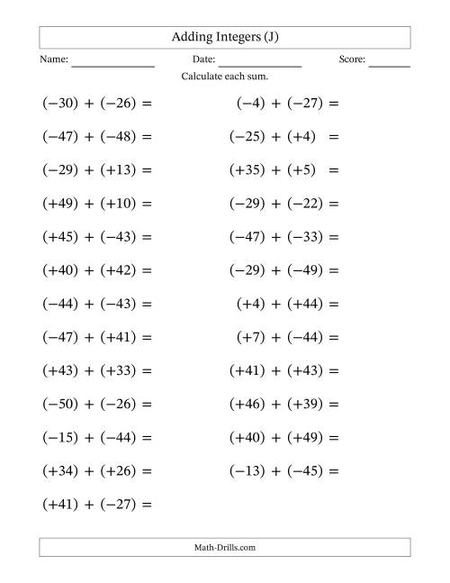 The Adding Mixed Integers from -50 to 50 (25 Questions; Large Print; All Parentheses) (J) Math Worksheet