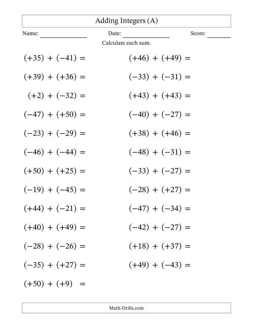 The Adding Mixed Integers from -50 to 50 (25 Questions; Large Print; All Parentheses) (All) Math Worksheet
