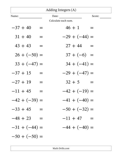 The Adding Mixed Integers from -50 to 50 (25 Questions; Large Print) (A) Math Worksheet
